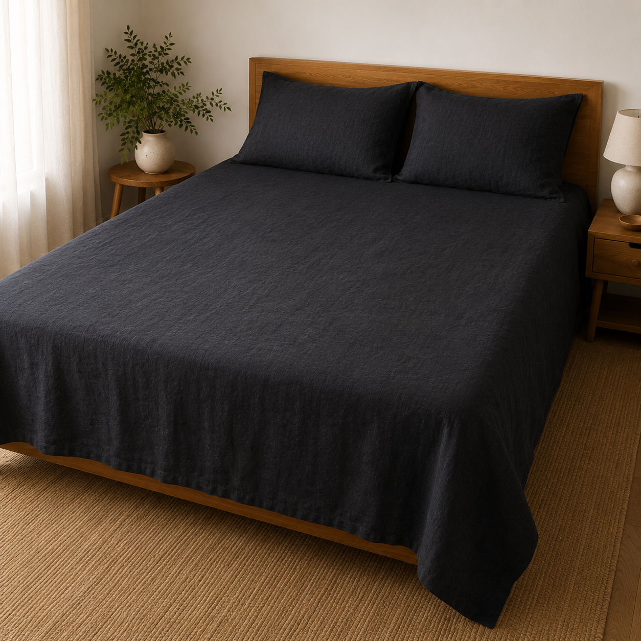 Charcoal Black Linen Flat Sheet 230 cm x 250 cm