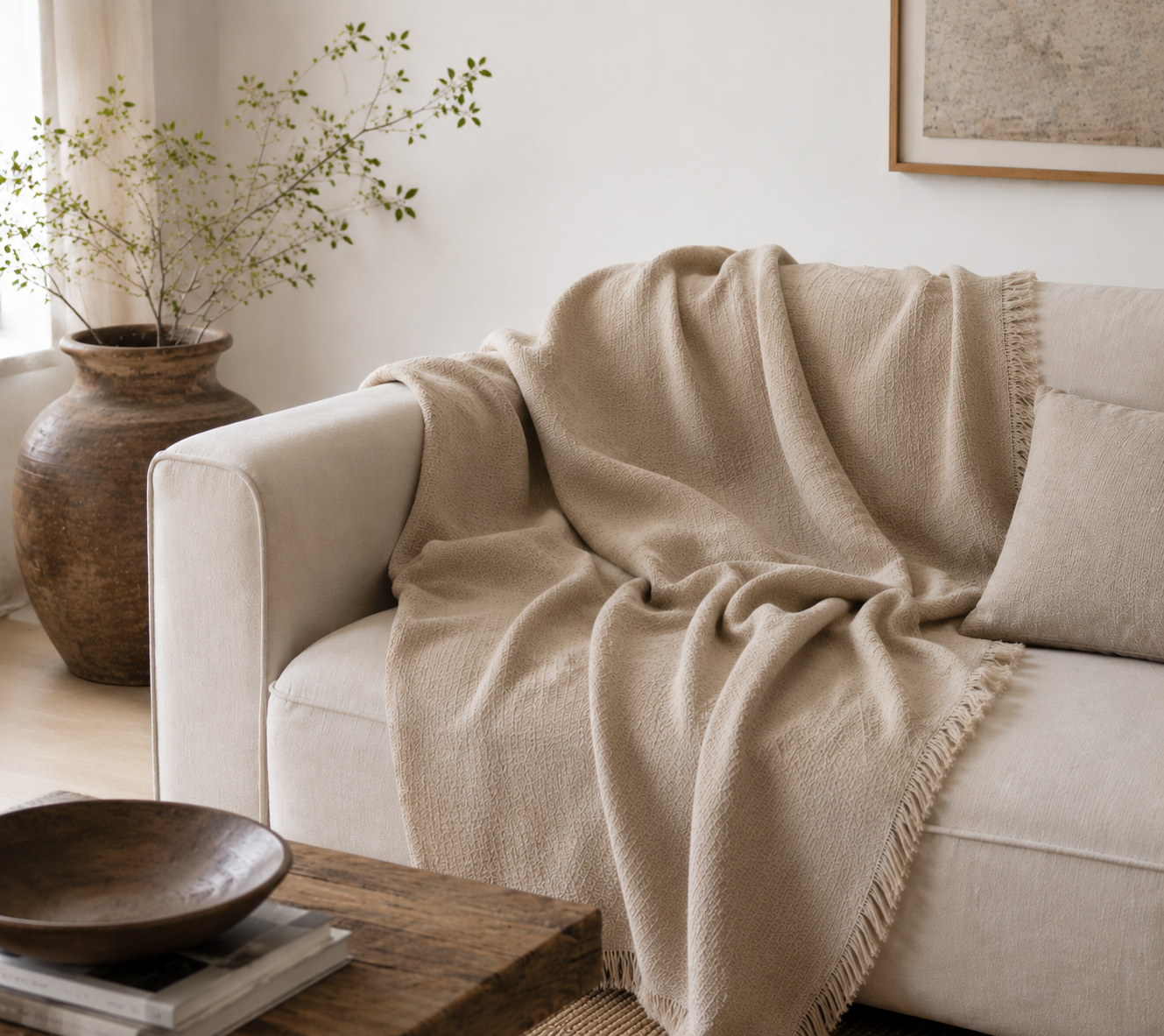 Luxury thick double-layer linen throw blanket draped over a modern sofa in a living room.