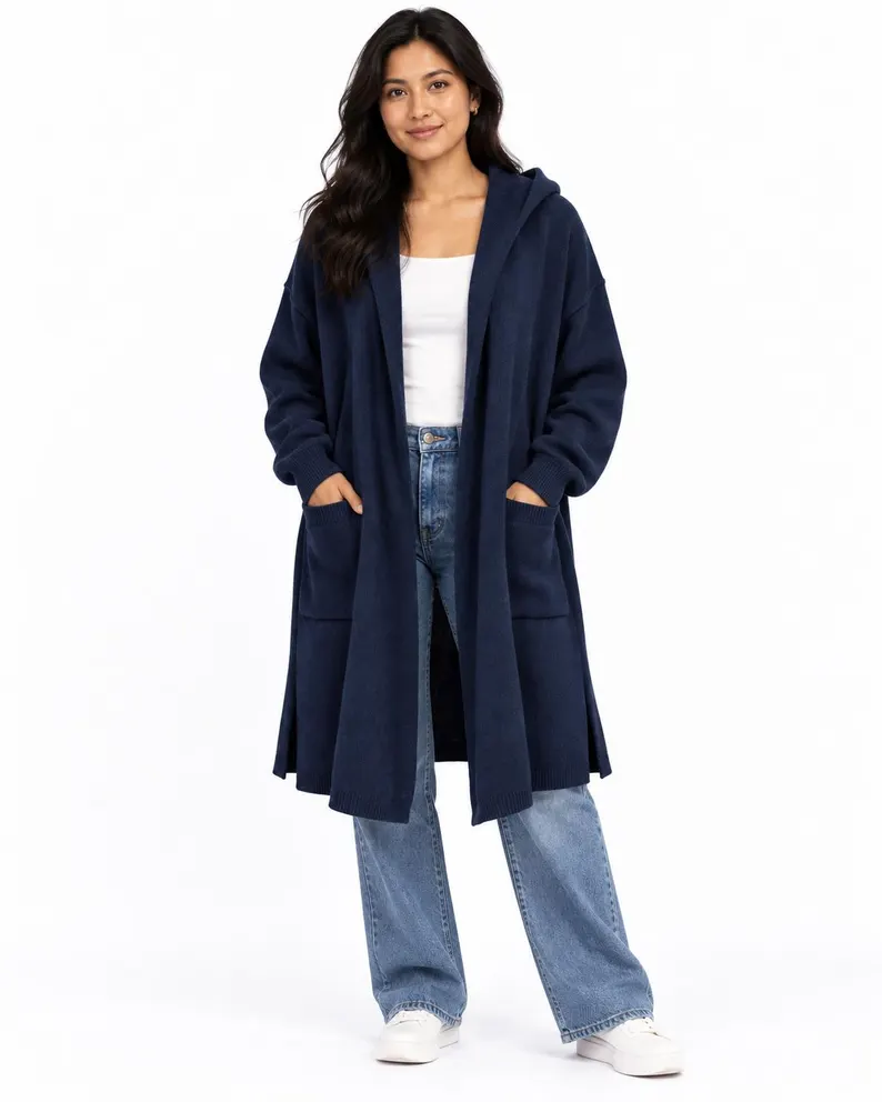 Navy Blue Wool Cardigan Poncho with Hood and Pockets
