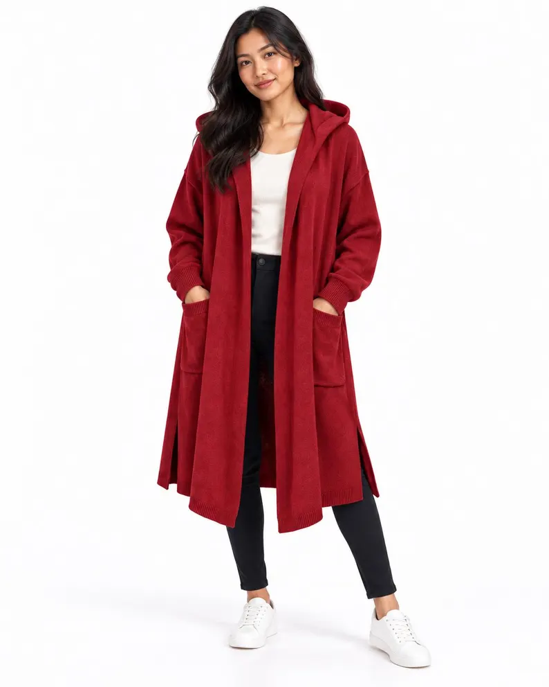 Maroon Red Wool Cardigan Poncho with Hood and Pockets