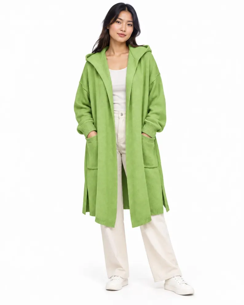 Lime Green Wool Cardigan Poncho with Hood and Pockets