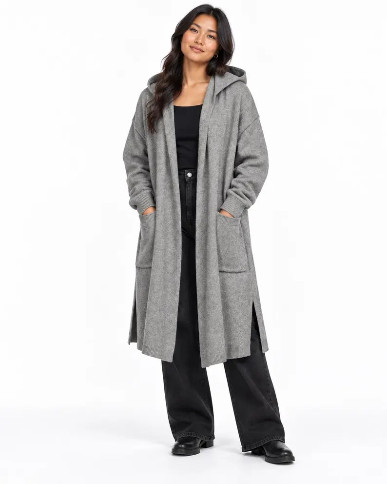 Grey Wool Cardigan Poncho with Hood and Pockets