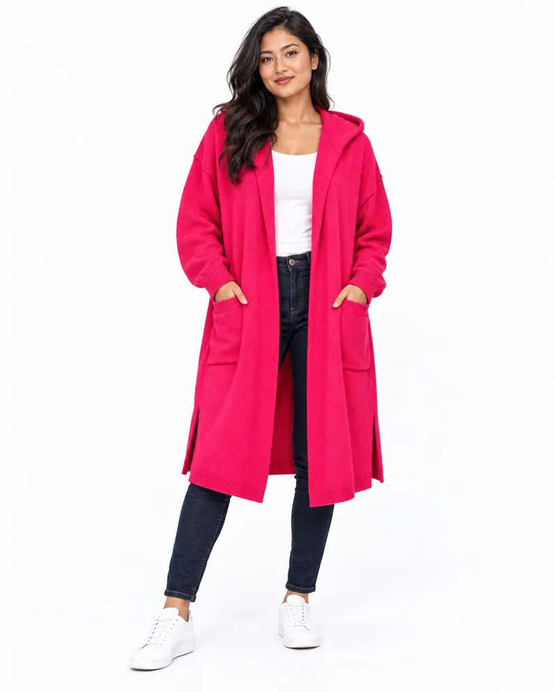 Hot Pink Cardigan Poncho with Hood and Pockets