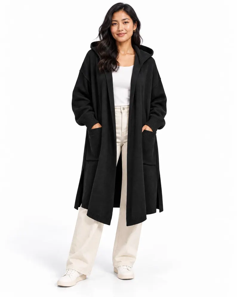 Black Wool Cardigan Poncho with Hood and Pockets