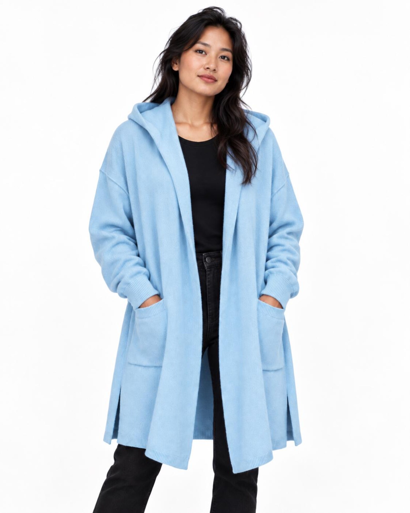 Baby Blue Wool Cardigan Poncho with Hood and Pockets