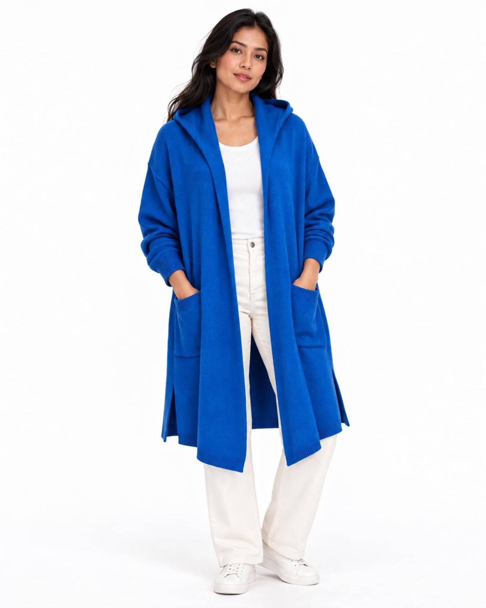 Blue Wool Cardigan Poncho with Hood and Pockets